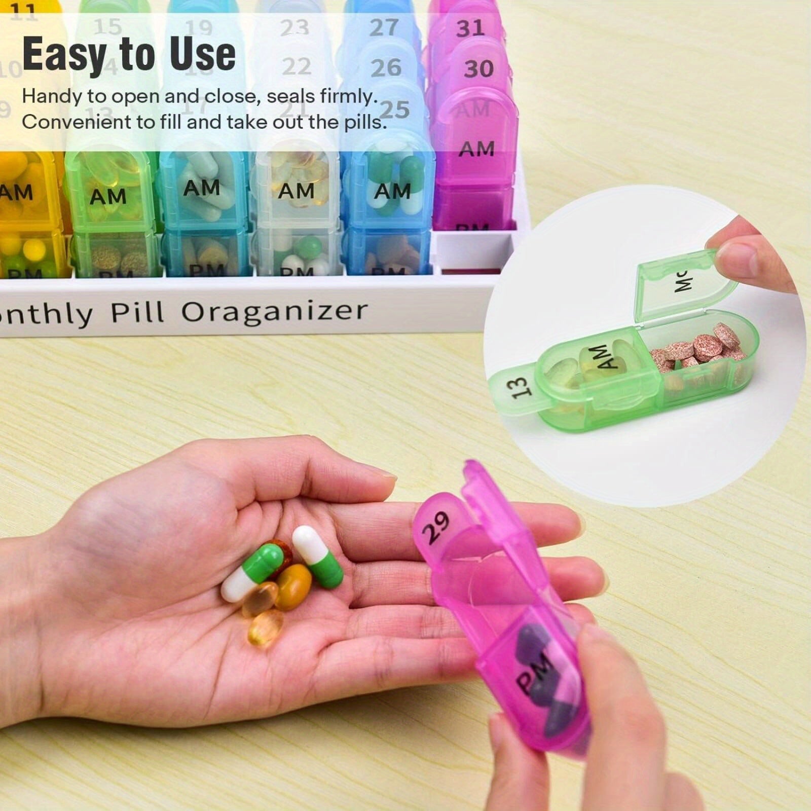 Monthly Pill Organizer 2 Times A Day, Pill Box, 30 Days AM PM Pill Case, 31 Days Pill Box, One Month Pill Medicine Container Small Separate Compartments to Hold Vitamins, Fish Oil, Supplements