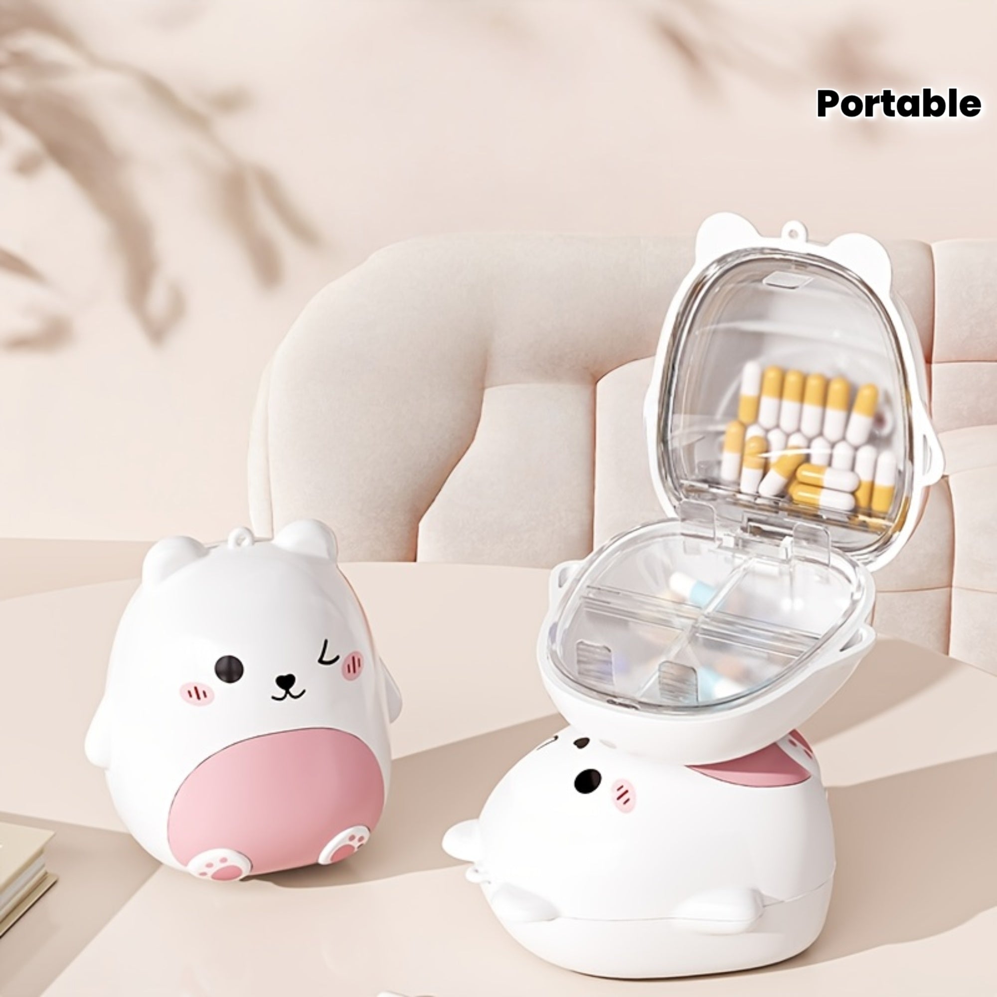 1 Cute Bear Portable Pill Box Organizer - Large Capacity Sealed Medicine Storage Box with Lid & Easy-Open Design, Durable ABS Material