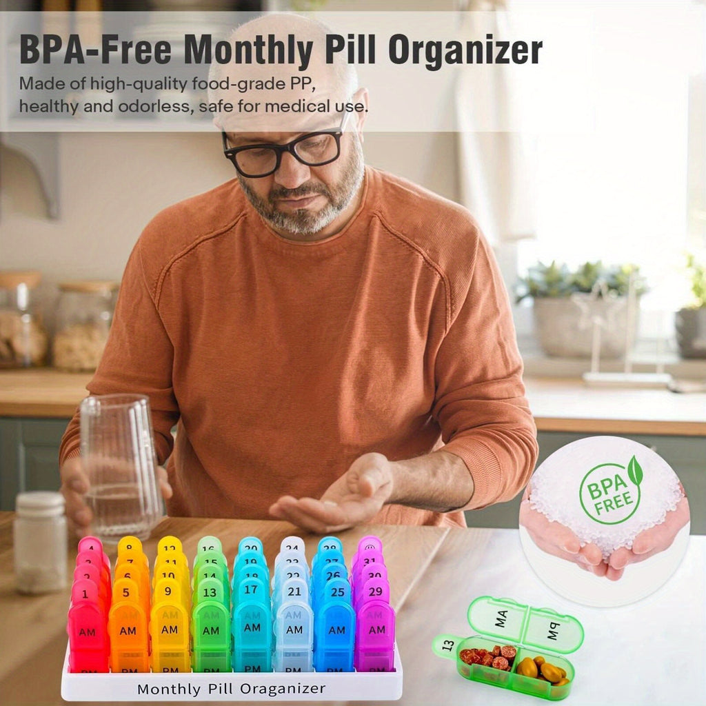 Monthly Pill Organizer 2 Times A Day, Pill Box, 30 Days AM PM Pill Case, 31 Days Pill Box, One Month Pill Medicine Container Small Separate Compartments to Hold Vitamins, Fish Oil, Supplements
